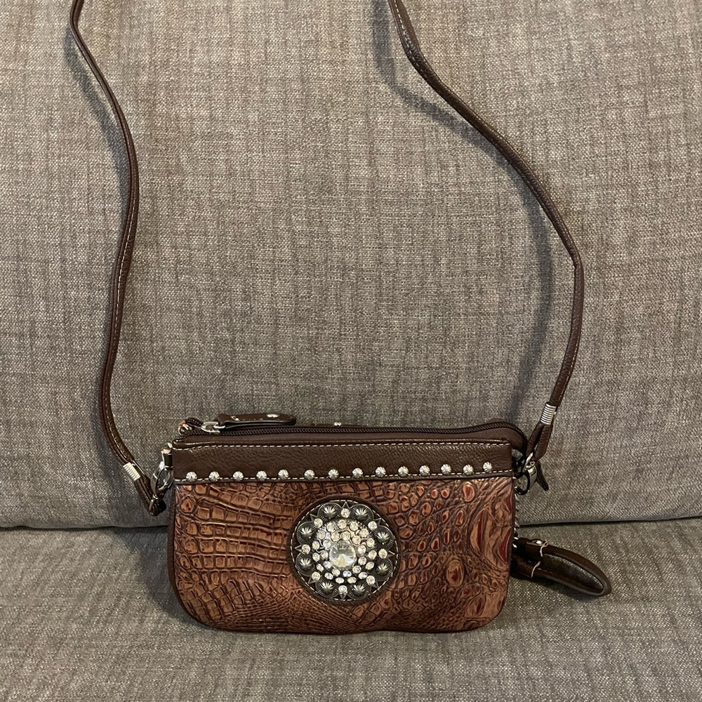 Brown Leather Bling Western Cowgirl small Purse long strap cross body Boot Barn